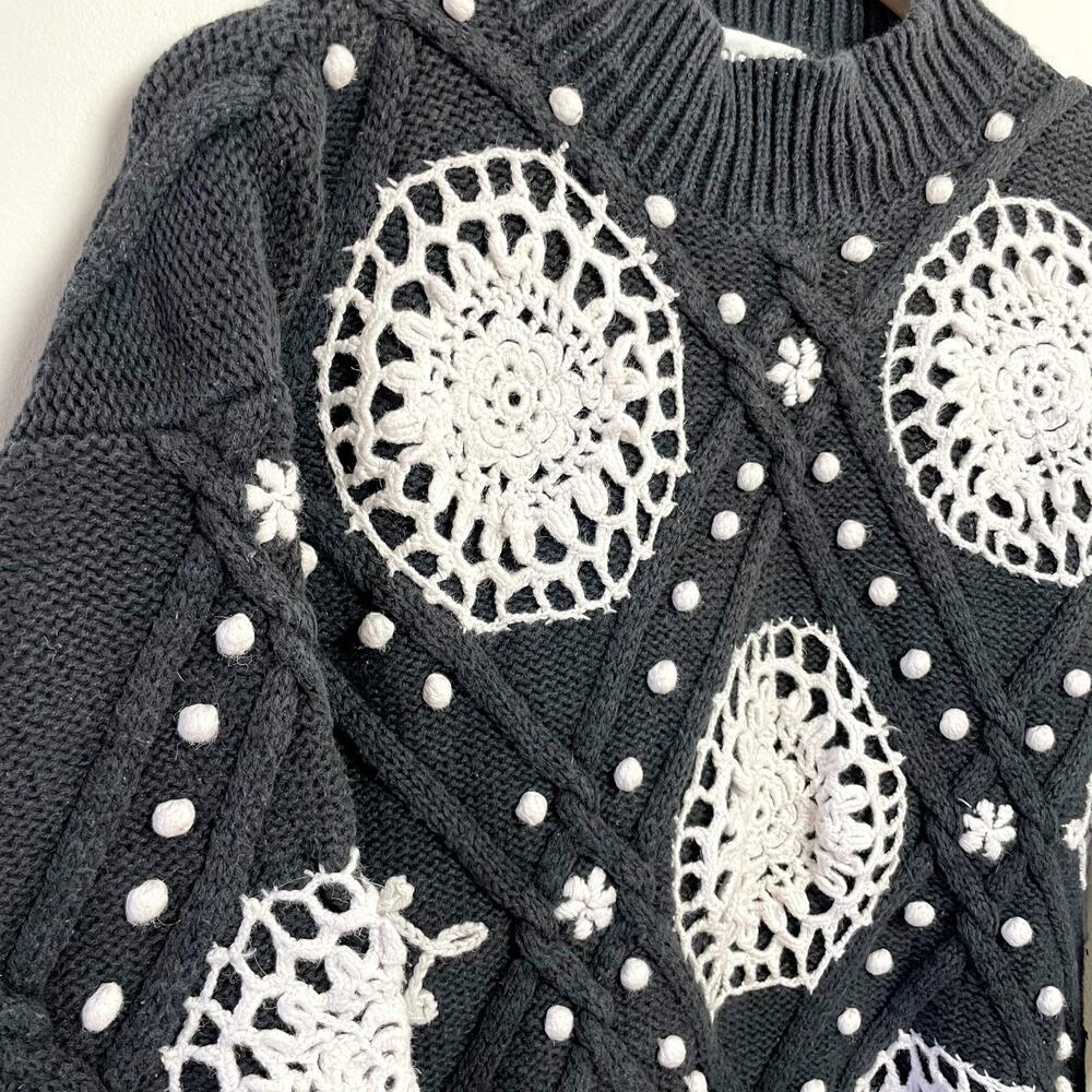 Vintage 80s 90s Granny Crochet Sweater Large Popcorn Knit Cottage Doily Romantic - Picture 2 of 8
